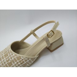 Shoes hasır görünümlü tokalı kısa topuk ayakkabı bej