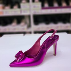 Paris taş detaylı arkası açık stiletto fuşya
