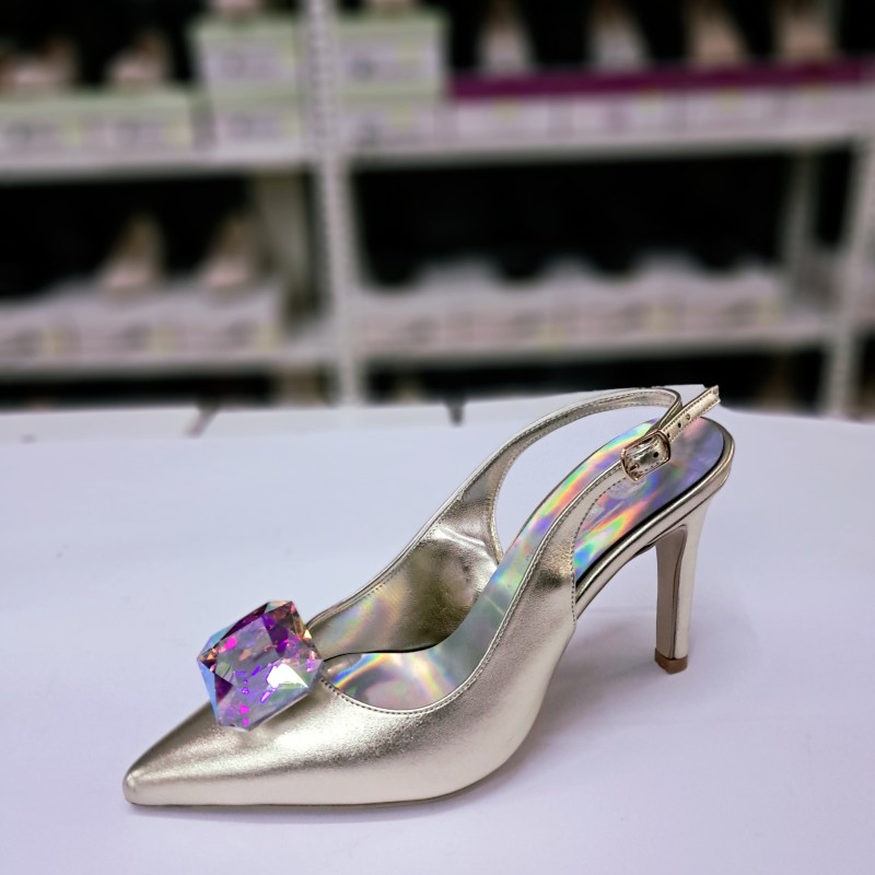 Paris taş detaylı arkası açık stiletto gold
