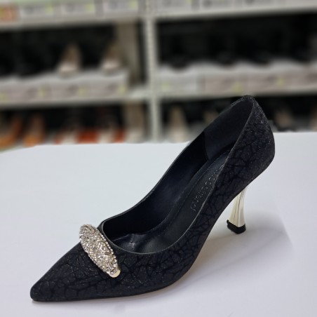 Nehir taş detaylı simli kumaş topuklu stiletto siyah