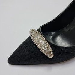 Nehir taş detaylı simli kumaş topuklu stiletto siyah