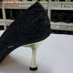 Nehir taş detaylı simli kumaş topuklu stiletto siyah
