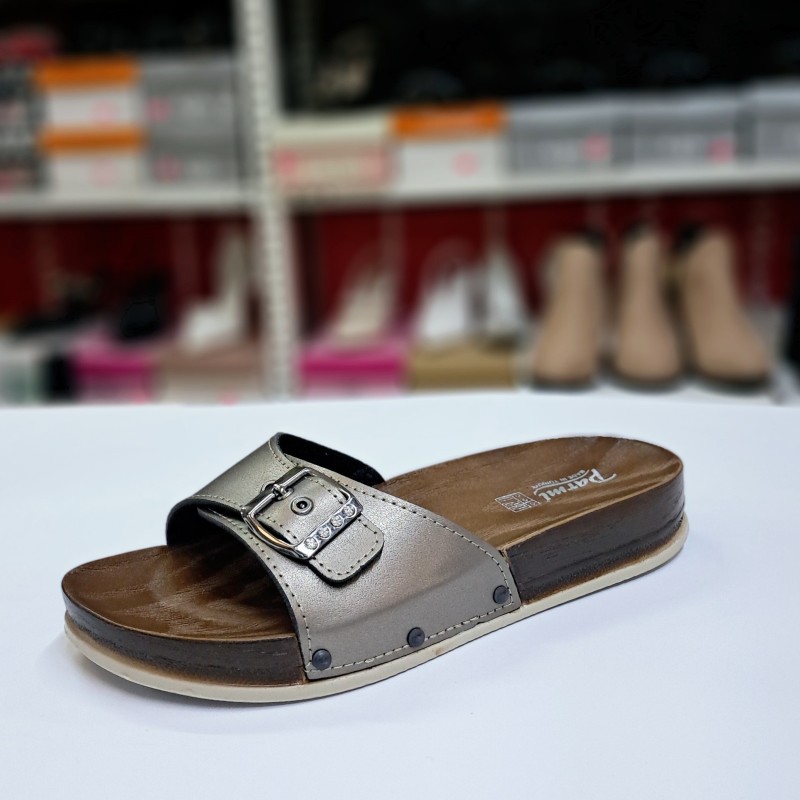 Parmi kemer detaylı taşlı kadın terlik füme