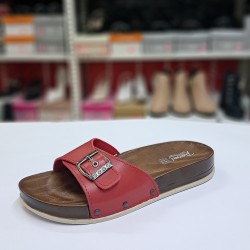 Parmi kemer detaylı taşlı kadın terlik kırmızı