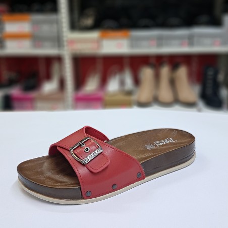 Parmi kemer detaylı taşlı kadın terlik kırmızı