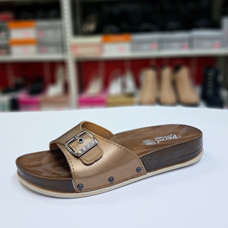 Parmi kemer detaylı taşlı kadın terlik bronz