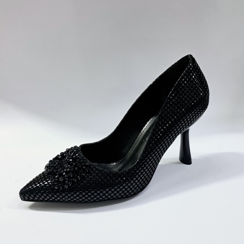 Paris noktalı süet taş detaylı kadın topuklu ayakkabı siyah