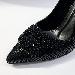 Paris noktalı süet taş detaylı kadın topuklu ayakkabı siyah