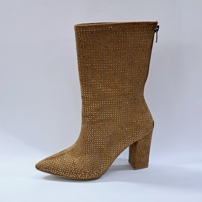 Nehir taş detaylı kadın topuklu yarım çizme bal köpüğü