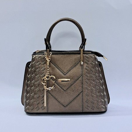 Label nakış desenli anahtarlıklı kadın kol çantası bronz