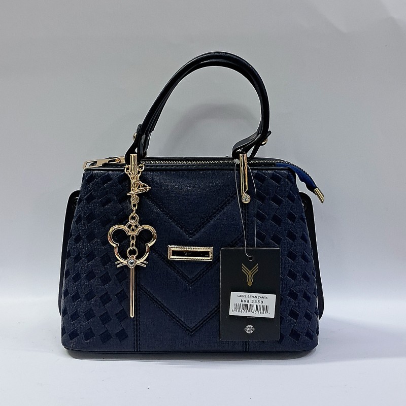 Label nakış desenli anahtarlıklı kadın kol çantası gece mavisi