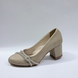 Bilener düğüm taş detaylı önü yuvarlak kadın topuklu ayakkabı bej