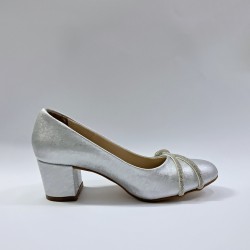 Bilener düğüm taş detaylı önü yuvarlak kadın topuklu ayakkabı gümüş