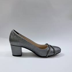 Bilener düğüm taş detaylı önü yuvarlak kadın topuklu ayakkabı gri