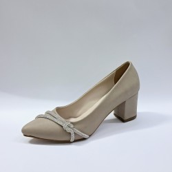 Bilener düğüm taş detaylı kadın topuklu ayakkabı bej