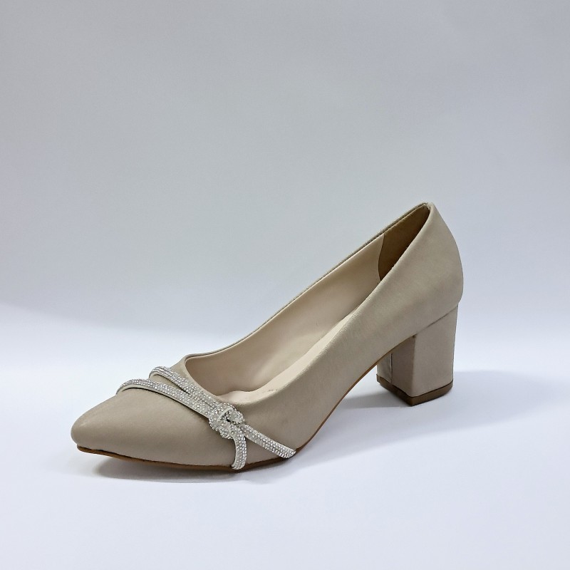 Bilener düğüm taş detaylı kadın topuklu ayakkabı bej