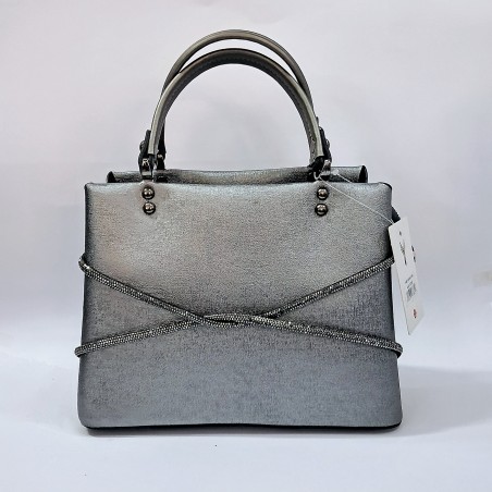 Label parlak kumaş taş detaylı kadın kol çantası gümüş