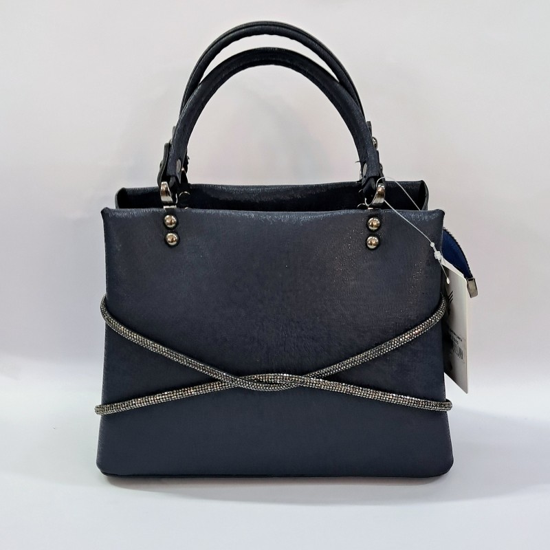Label parlak kumaş taş detaylı kadın kol çantası gece mavisi