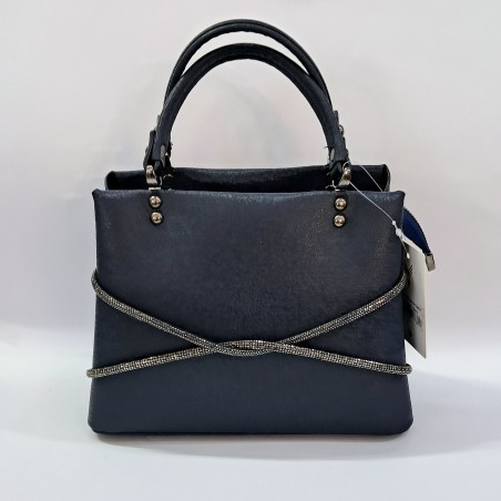 Label parlak kumaş taş detaylı kadın kol çantası gece mavisi