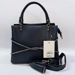 Label parlak kumaş taş detaylı kadın kol çantası gece mavisi