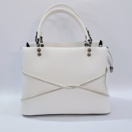 Label parlak kumaş taş detaylı kadın kol çantası beyaz