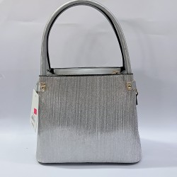 Label püsküllü simli kumaş kadın kol çantası gümüş