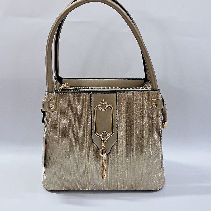 Label püsküllü simli kumaş kadın kol çantası gold