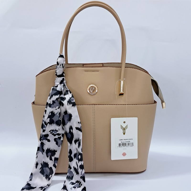 Label leopar fular detaylı kadın kol çantası bej