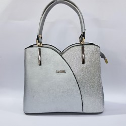 Label simli kumaş kadın kol çantası gümüş