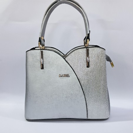 Label simli kumaş kadın kol çantası gümüş