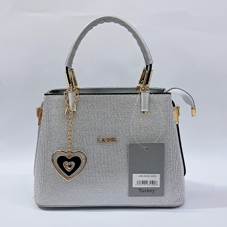 Label simli kumaş anahtarlıklı kadın kol çantası gümüş