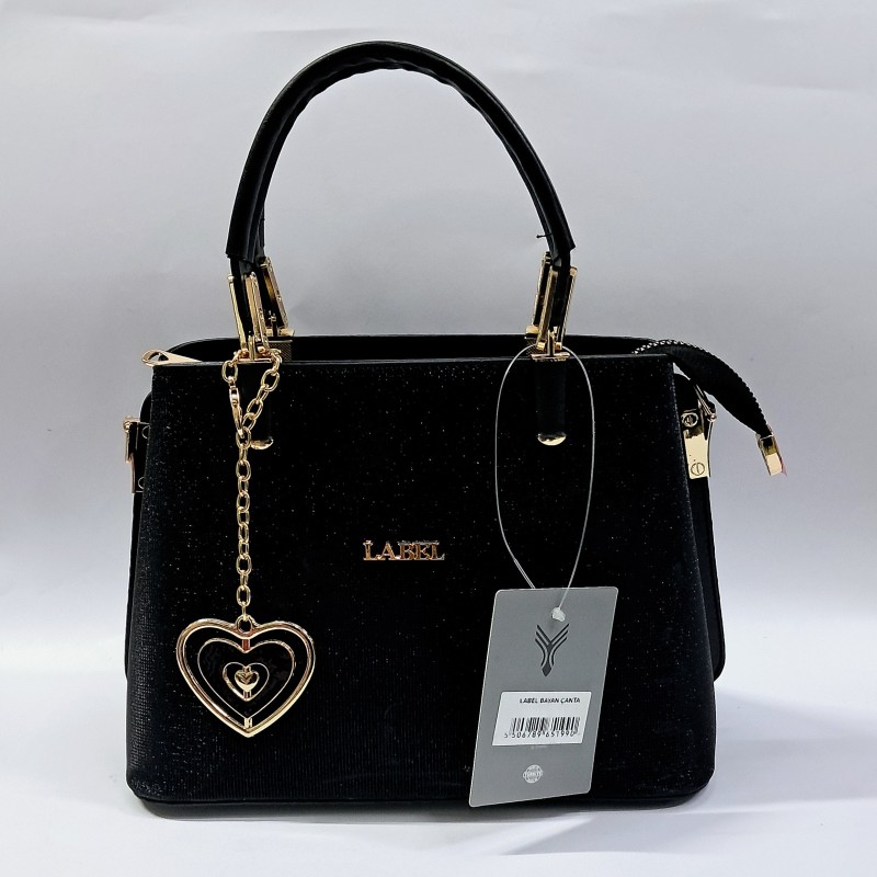 Label simli kumaş anahtarlıklı kadın kol çantası siyah