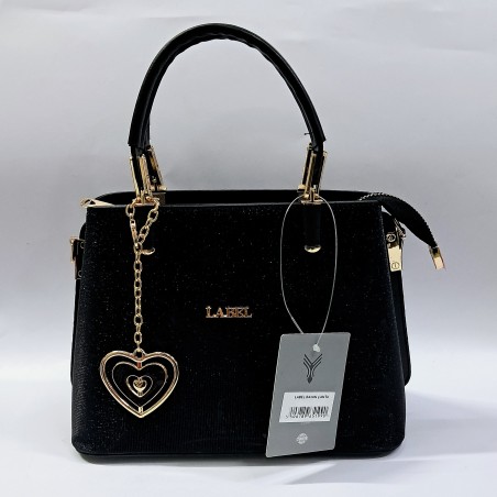 Label simli kumaş anahtarlıklı kadın kol çantası siyah
