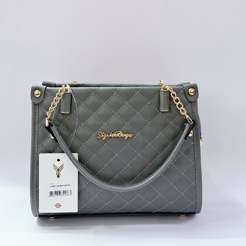 Label pötikare desenli zincir askılı kadın kol çantası gri