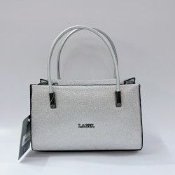 Label simli kumaş abiye kol çantası gümüş