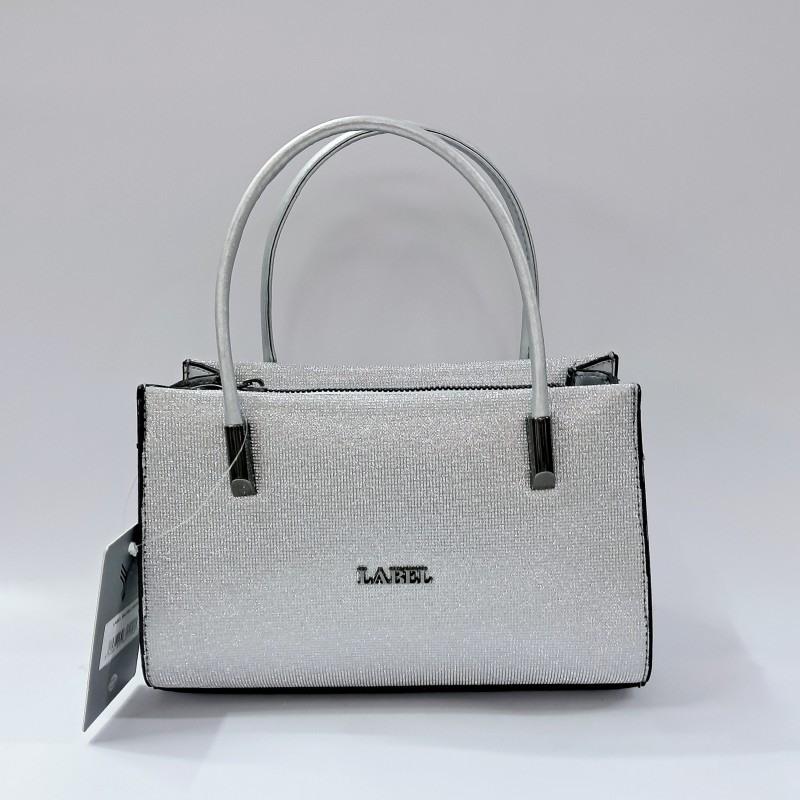 Label simli kumaş abiye kol çantası gümüş