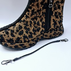 Paris taş detaylı leopar desenli içi yünlü kadın bot açık kahve