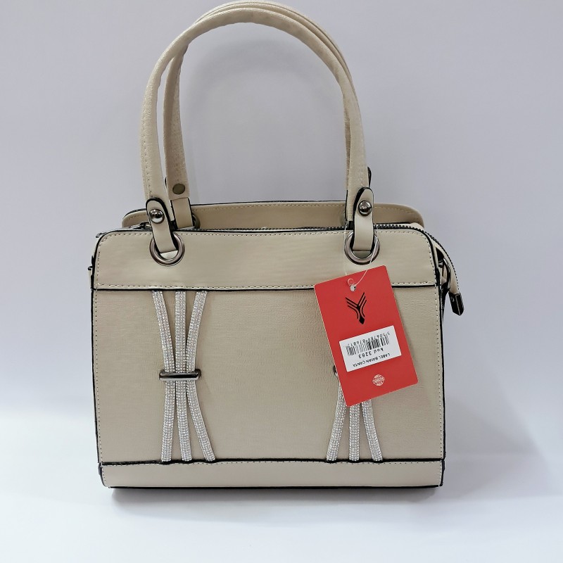 Label taş detaylı krinkıl görünümlü kadın kol çantası bej