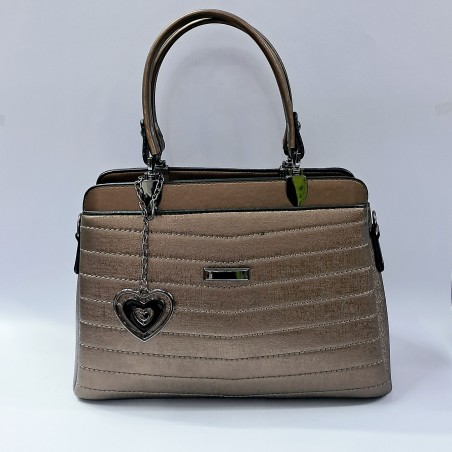 Label dikiş detaylı anahtarlıklı kadın kol çantası bakır