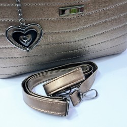 Label dikiş detaylı anahtarlıklı kadın kol çantası bakır