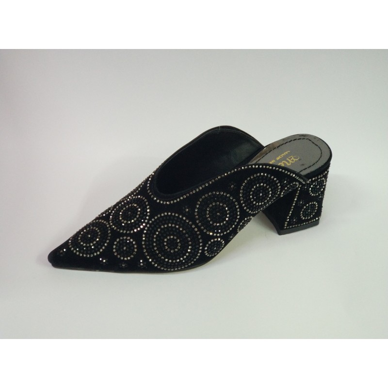 Taş detaylı Topuklu süet kadın terlik siyah