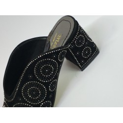 Taş detaylı Topuklu süet kadın terlik siyah