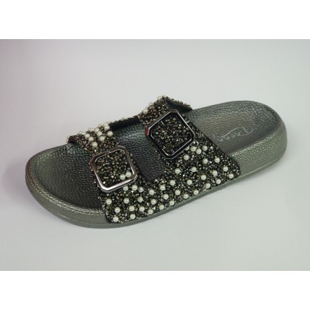 Pienn inci detaylı çift tokalı kadın terlik gümüş