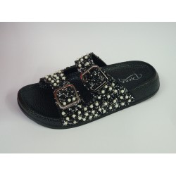 Pienn inci detaylı çift tokalı kadın terlik siyah