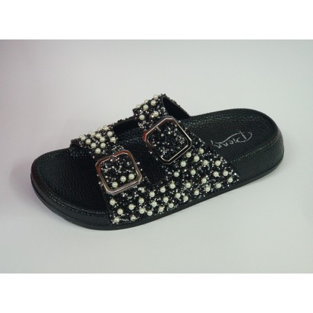 Pienn inci detaylı çift tokalı kadın terlik siyah