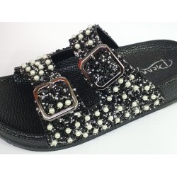 Pienn inci detaylı çift tokalı kadın terlik siyah