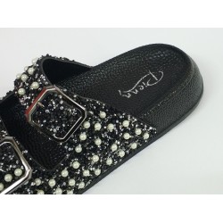 Pienn inci detaylı çift tokalı kadın terlik siyah