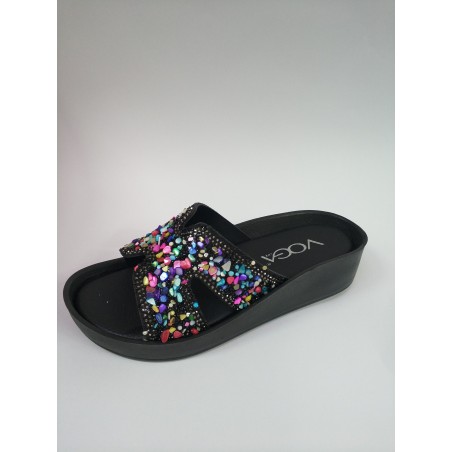 Voga renkli taşlı dolgu topuk kadın terlik siyah