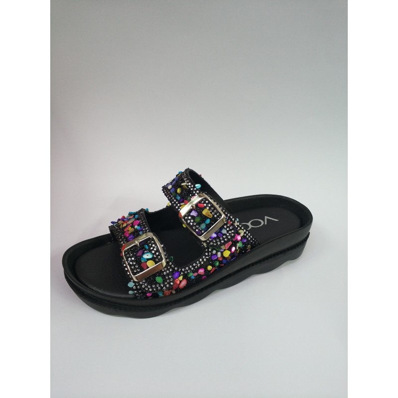 Voga renkli taşlı çift tokalı kadın terlik siyah