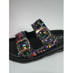 Voga renkli taşlı çift tokalı kadın terlik siyah